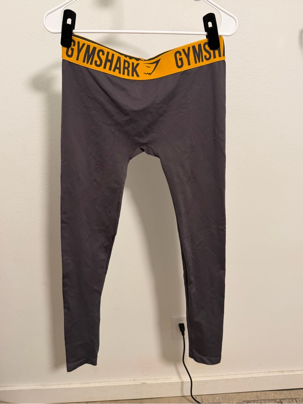 Gymshark Charcoal Leggings with Yellow-Patterned Waistband